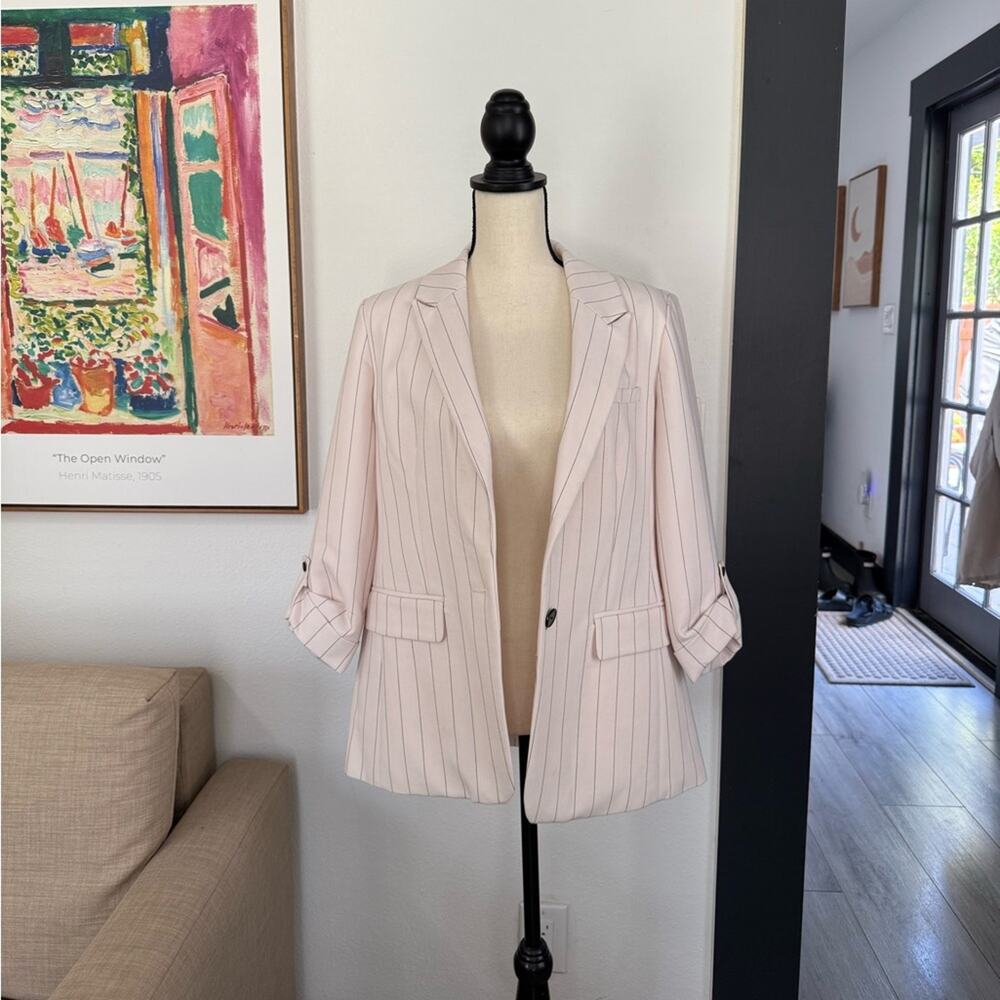 Anthropologie Maeve Striped Roll-Sleeve Blazer Black White Size 8 - Picture 5 of 11
